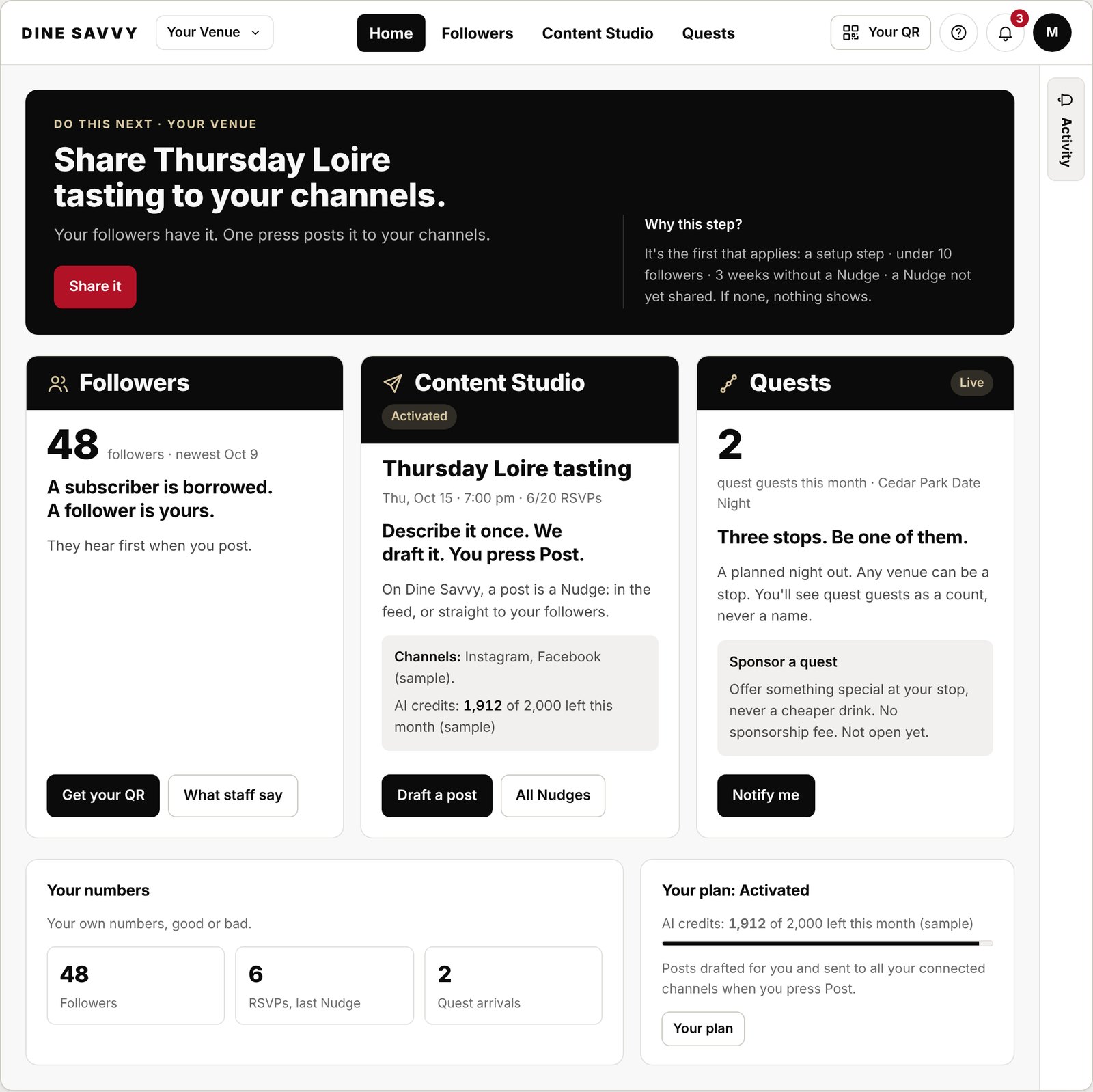 The venue app home screen: followers, Content Studio and Quests