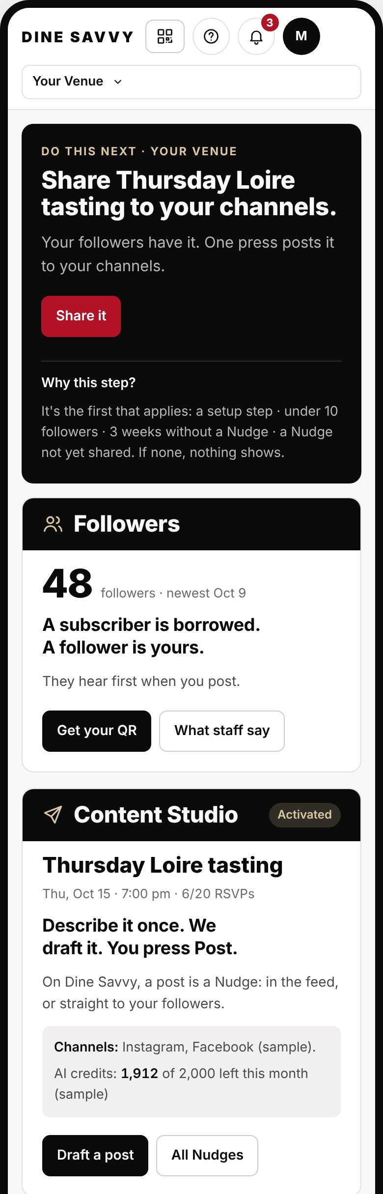 The venue app home screen: followers, Content Studio and Quests